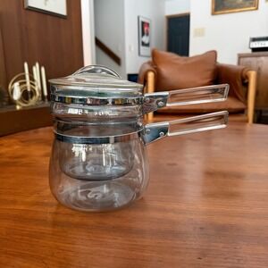 Vintage Pyrex Flameware Glass Double Boiler 6283 1.5 Qt Complete 3-Pc Set Lid